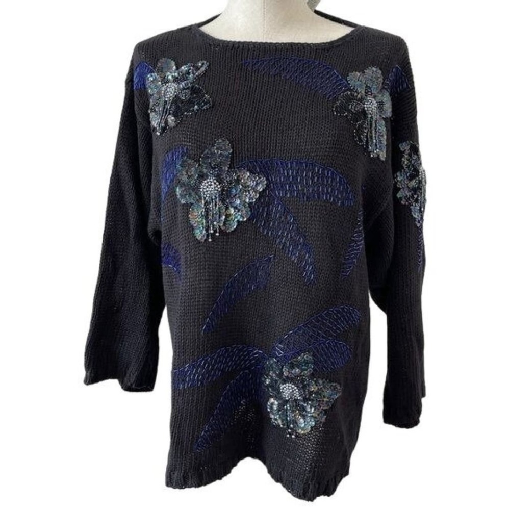 Bonnie Boerer Sweater Loose Knit Black Iridescent Beaded Sequin Flowers Large